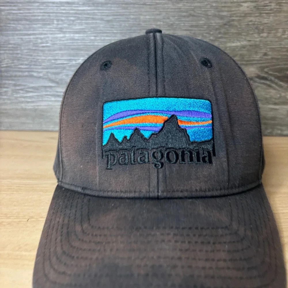 Patagonia Hat Cap Snap Back Trucker Black Embroidered Faded Mens Outdoors